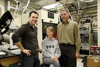 Dr. Michael Filler, postdoctoral scholar, graduate student Krista Langeland, and Harry Atwater, Howard Hughes Professor and Professor of Applied Physics and Materials Science.
