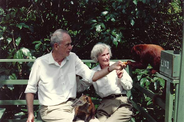 Francis Clauser and Catharine with friendly fauna in Brazil, 1992.