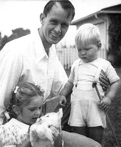 Francis Clauser with Caroline and son, John, in the family's new home in Pacific Palisades, 1942.