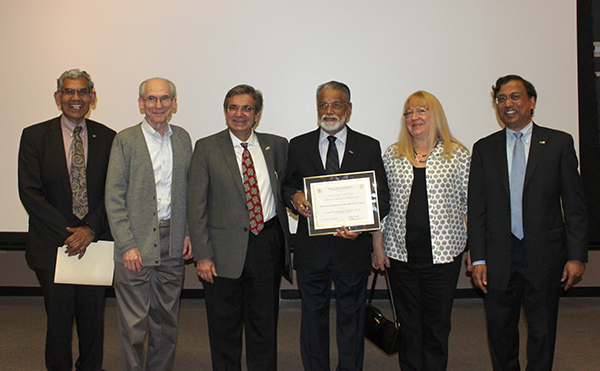 From left to right JPL-Caltech Liaison Virendra Sarohia, Professor Ed Stone, EAS Chair Ares Rosakis, Dr. Radhakrishnan, Mrs. Dori Myers daughter of Arthur Louis Klein, and Director of GALCIT Guruswami Ravichandran